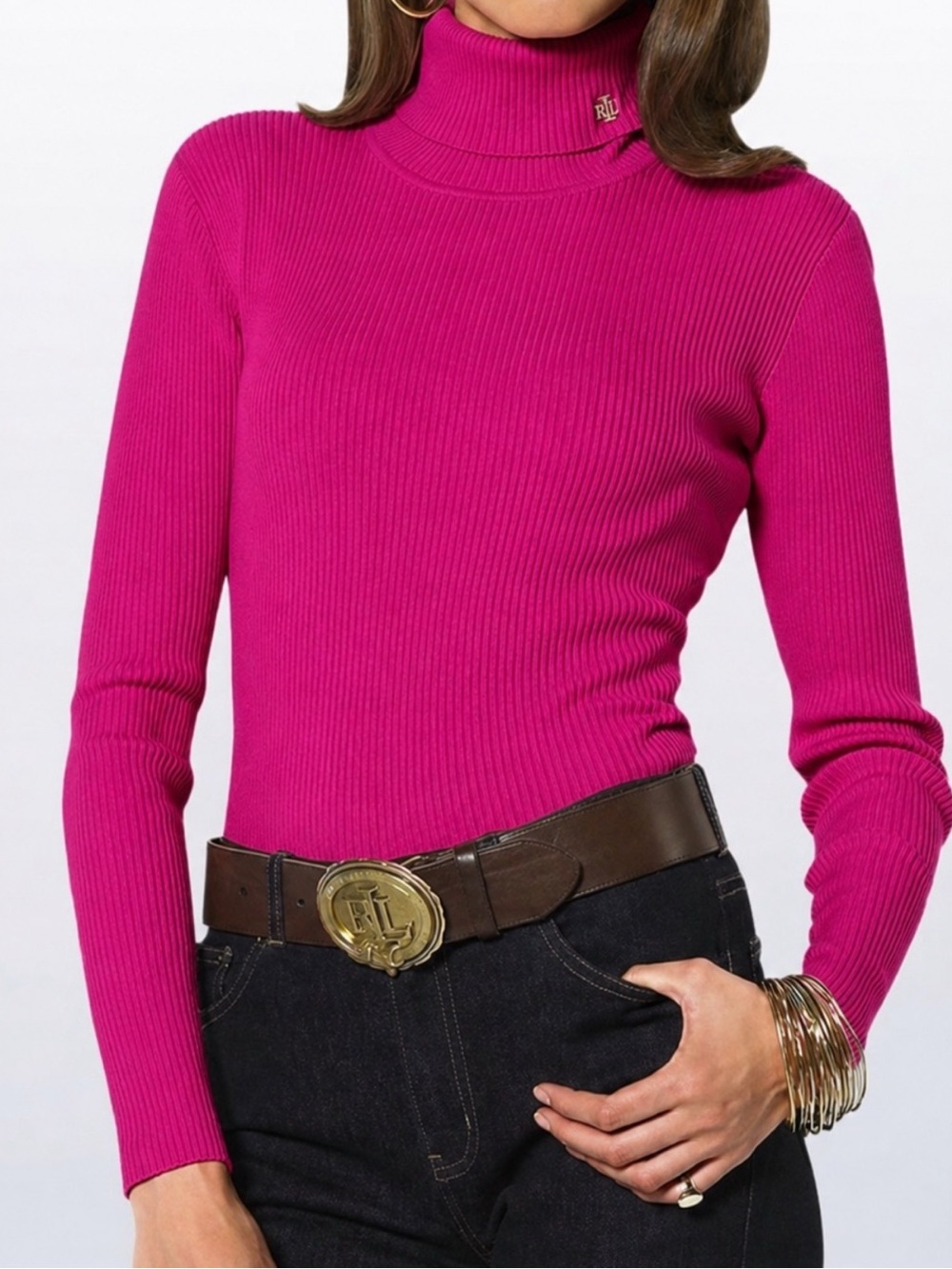 VINTAGE RALPH LAUREN Sweater Pink Ribbed Turtleneck Logo Long Sleeve Slim Fit S